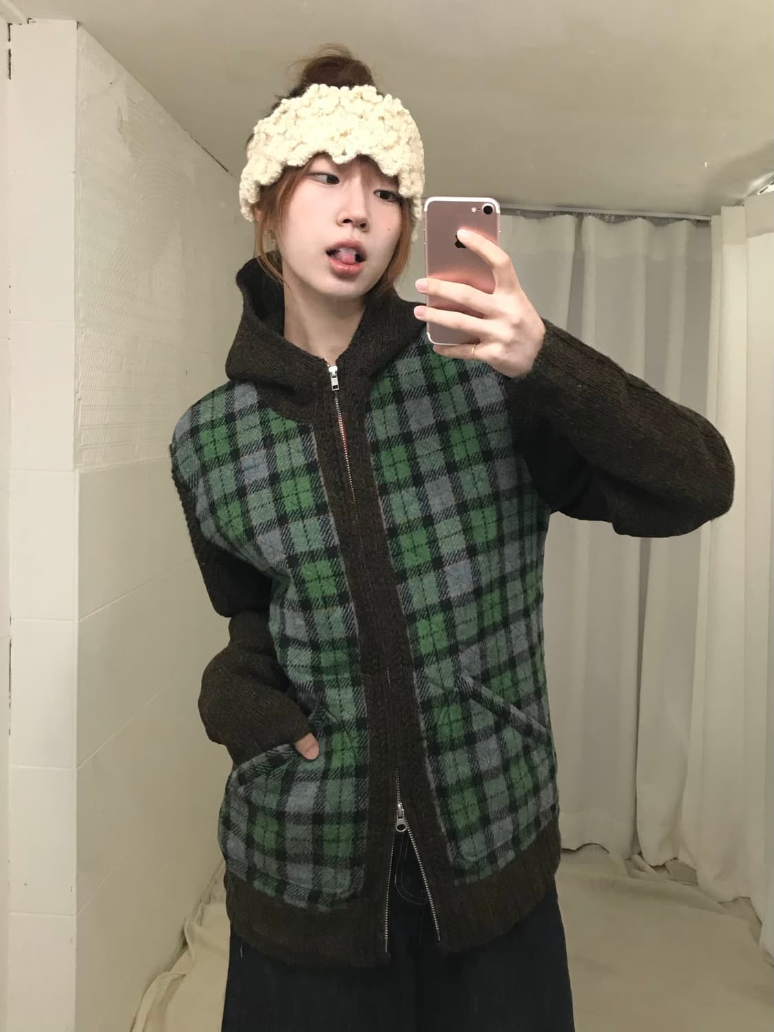 해리스 트위드 브라운 체크 아메카지 누빔 후드집업 상품이미지2