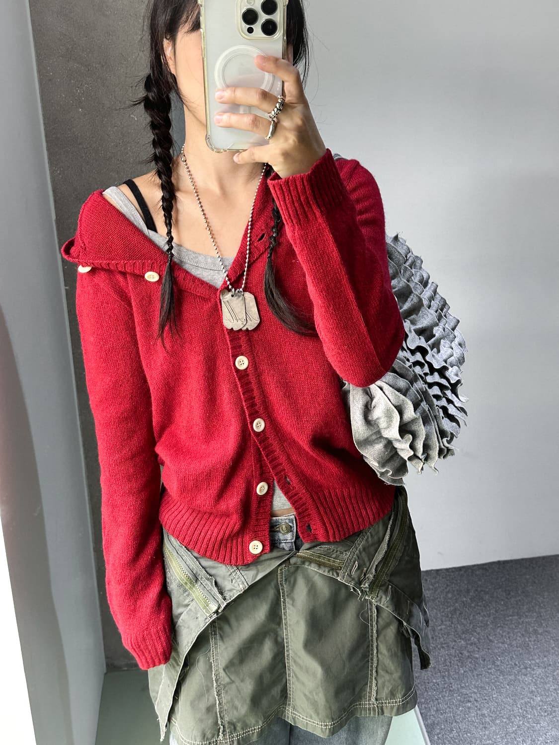 red knit hood cardigan 상품이미지1