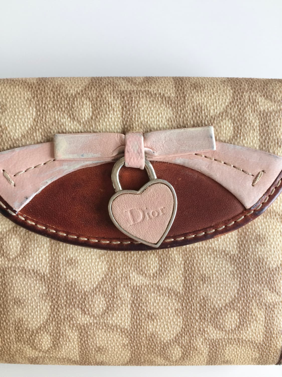 빈티지 크리스찬디올 로맨틱라인 오블리크 하트 핑크 베이지 반지갑 상품이미지3