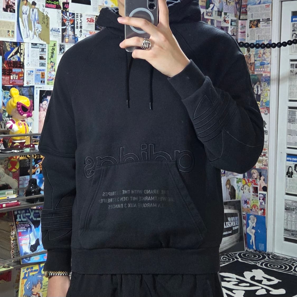 아디다스 올블랙 파이어버드 자수 로고 후드티 상품이미지2