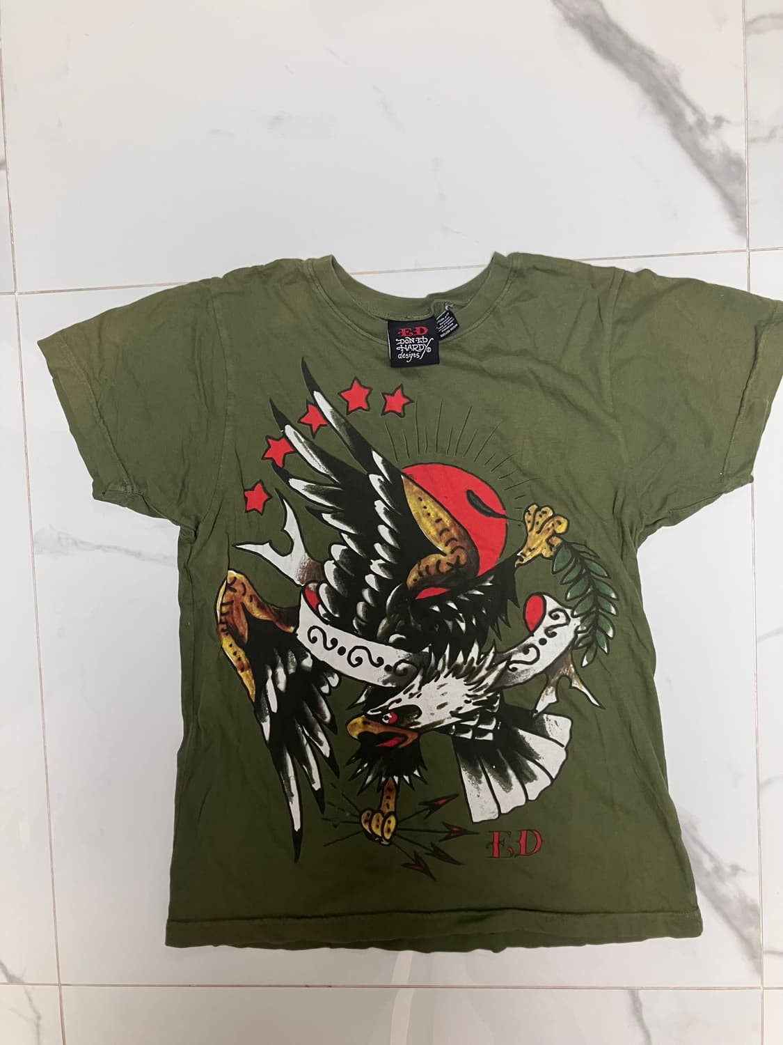 Y2K 에드 하디 빈티지 밀리터리 그린 타투 티셔츠 남S 여M 상품이미지1
