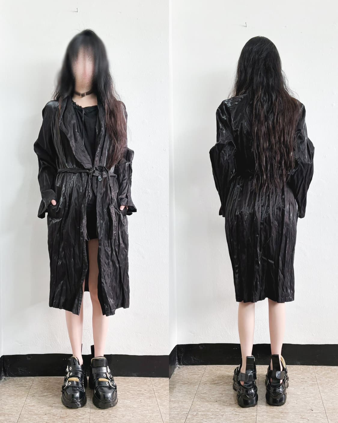 specchio 스페치오 글로시 메탈릭 플리츠 롱코트 상품이미지1