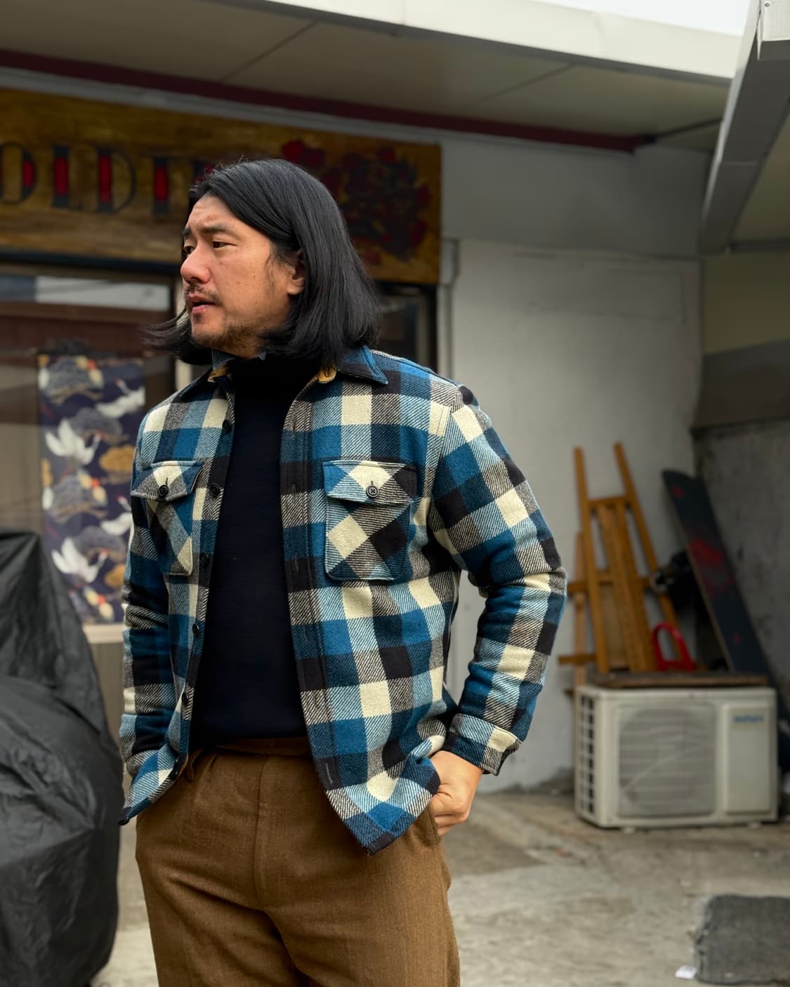 R.R.L 엘보우 패치 퀼티드 라인 울 체크 오버셔츠 자켓 S 상품이미지9