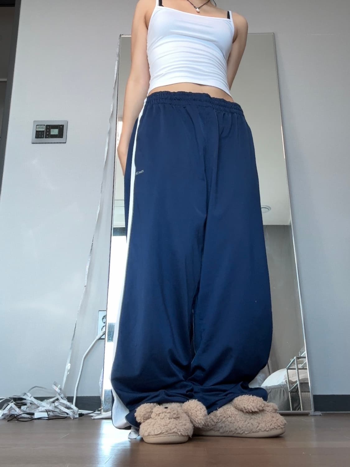 리복 네이비 배색 선 와이드 트레이닝 팬츠 힙합 댄스 상품이미지1