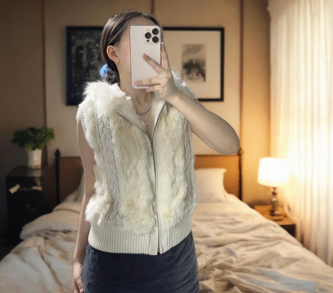 빈티지 순결한 폭스퍼후드 토끼털 꽈배기 니트 조끼 베스트 상품이미지1