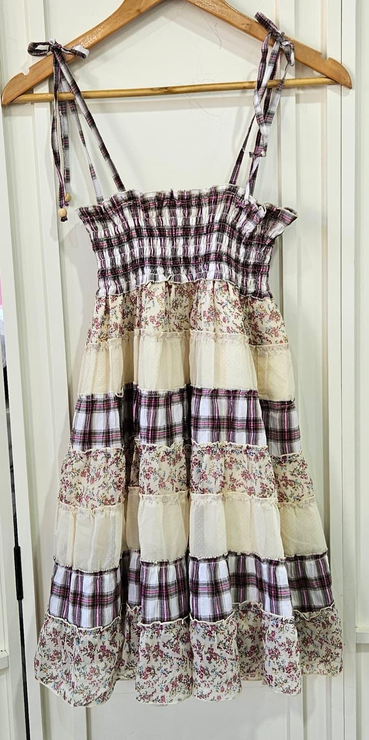 체크 플라워 패치워크 레이어드 원피스 상품이미지2