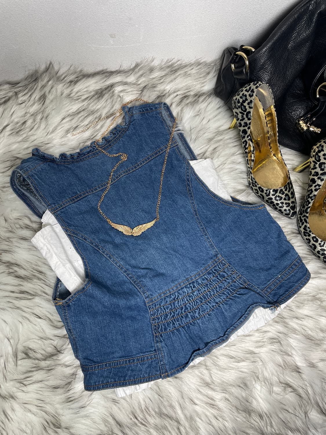 러블리 데님 프릴 베스트 펀칭 나시 세트 (2pcs) 상품이미지3