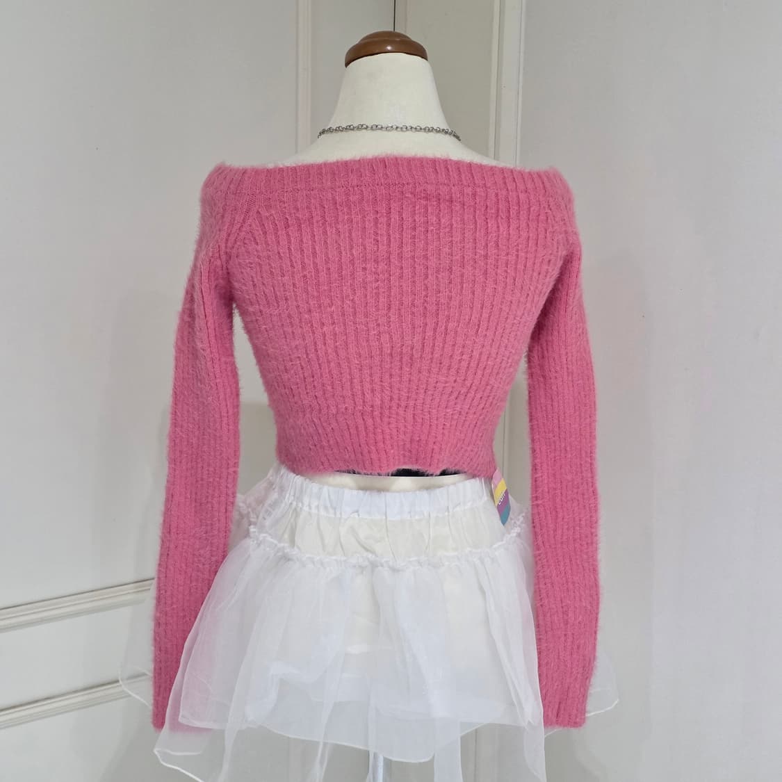 홍대eun 하라주쿠 빈티지 핑크 오프숄더 크롭 오프숄더 앙고라니트집업 상품이미지2