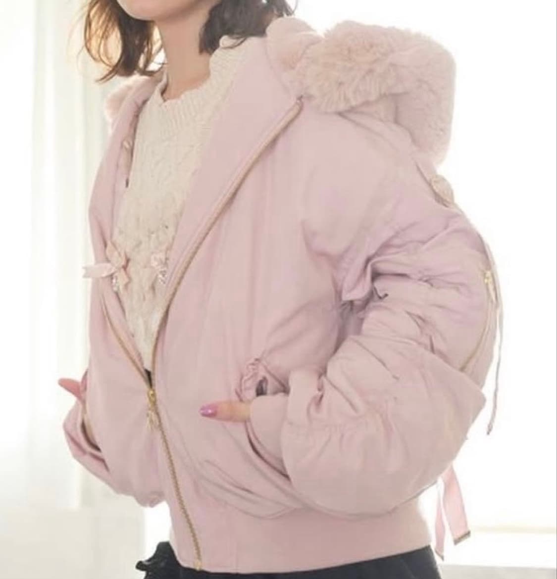 대대장 리즈리사 아방핏 히메갸루 베이비핑크 리본 퍼 패딩 러블리 핀터 상품이미지1