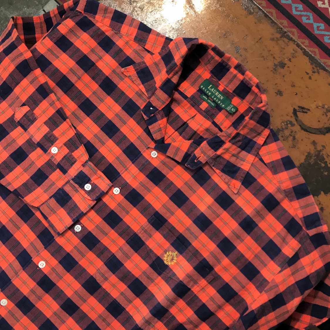랄프로렌 그린 라벨 네이비 오렌지 타탄 체크 옥스포드 셔츠 남성 115 상품이미지3