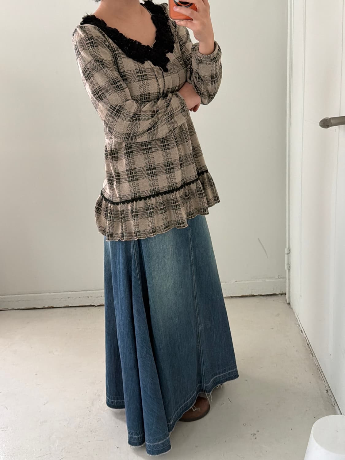 일본빈티지 엑시즈팜 체크 프릴 블라우스 상품이미지3