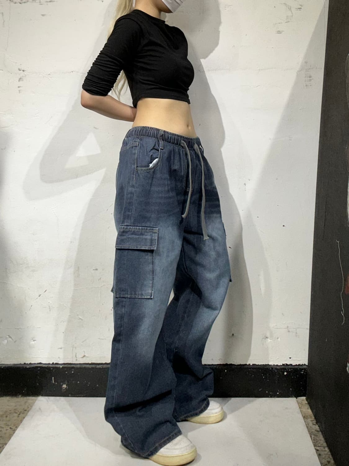 빈티지 진청 밴딩 워싱 데님 팬츠 와이드 카고 바지 상품이미지1