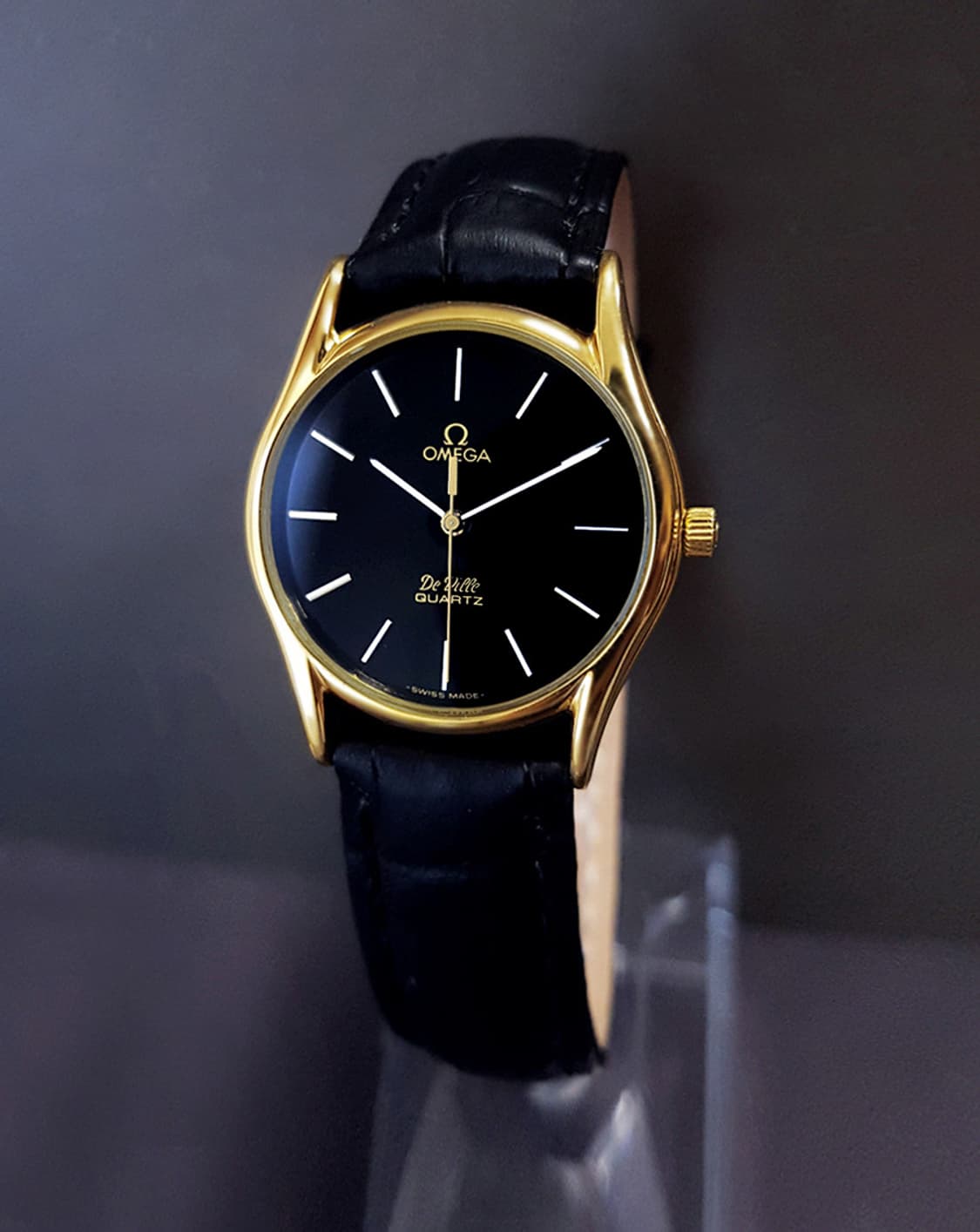 오메가 드빌 고급 블랙판 18K-GP 남녀공용 가죽 쿼츠 시계 상품이미지2