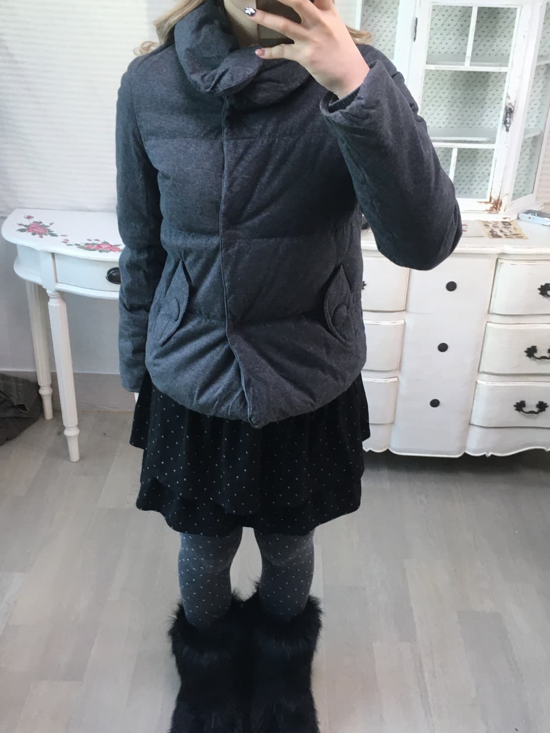 일본빈티지 둥근카라 차콜 다운 패딩 상품이미지3