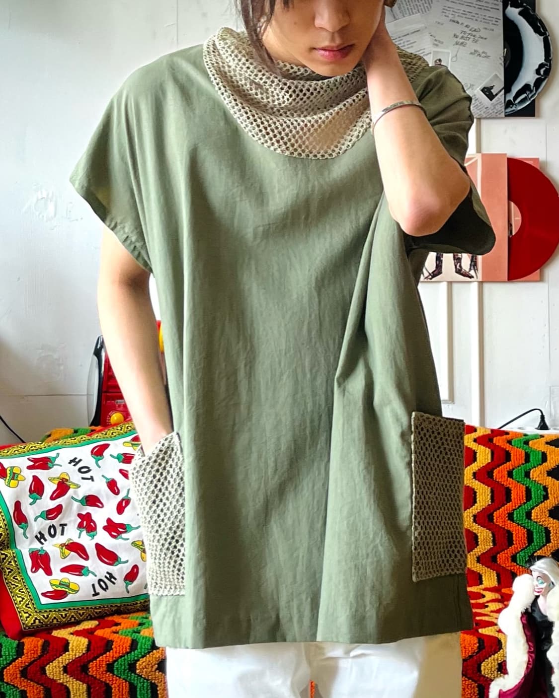 Jpn Vintage Mesh Drape Neck Summer Top 상품이미지3