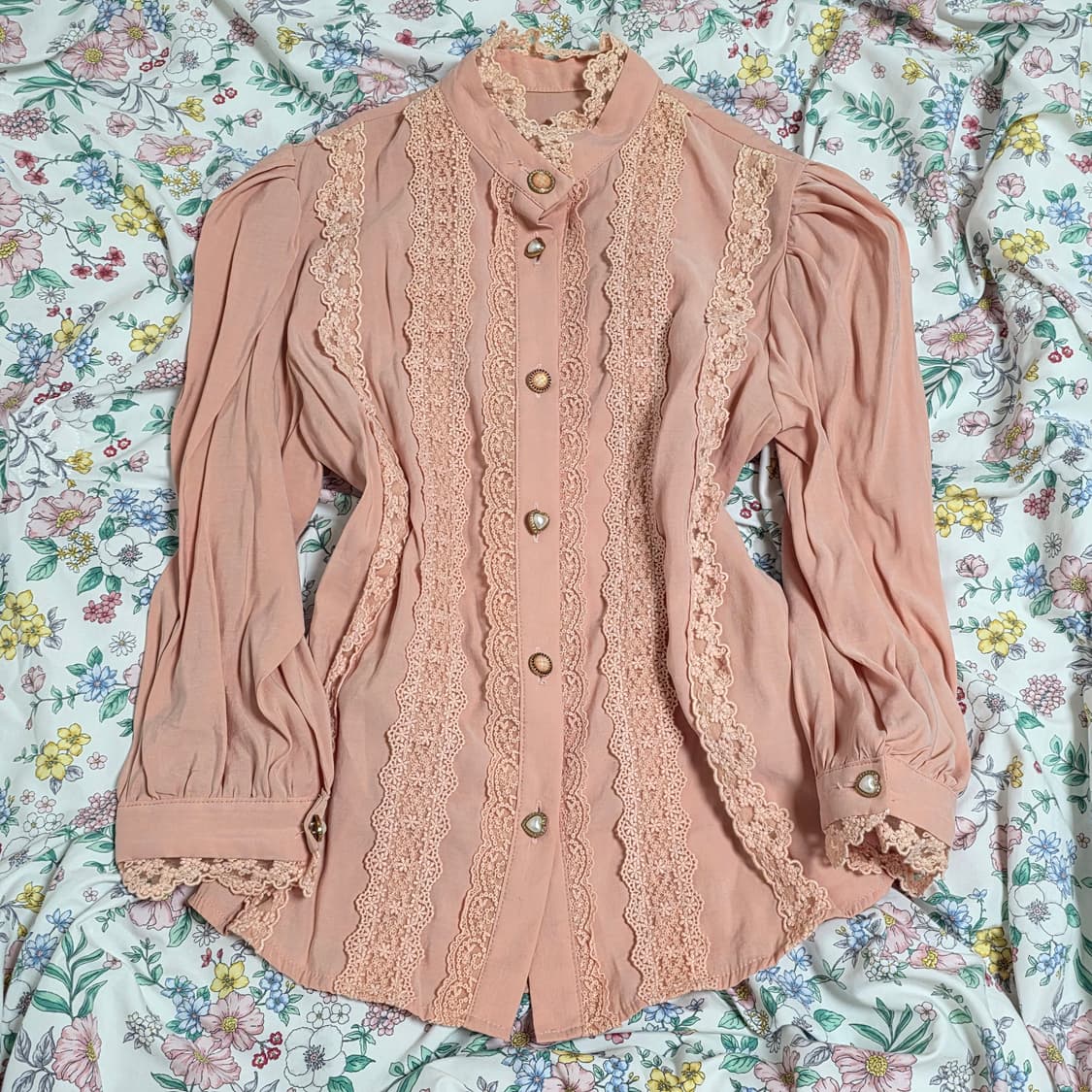 빈티지)양산형 핑크 레이스 히메갸루st 하트버튼 로맨틱 블라우스 상품이미지3