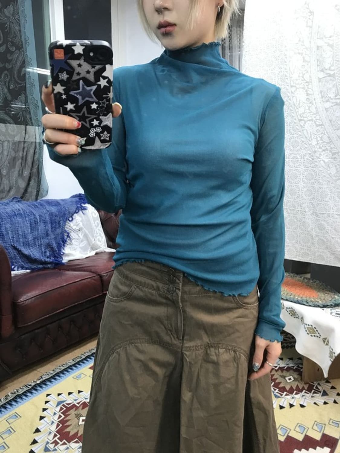 빈티지 여성 아쿠아블루 시스루 롱슬리브 상품이미지2