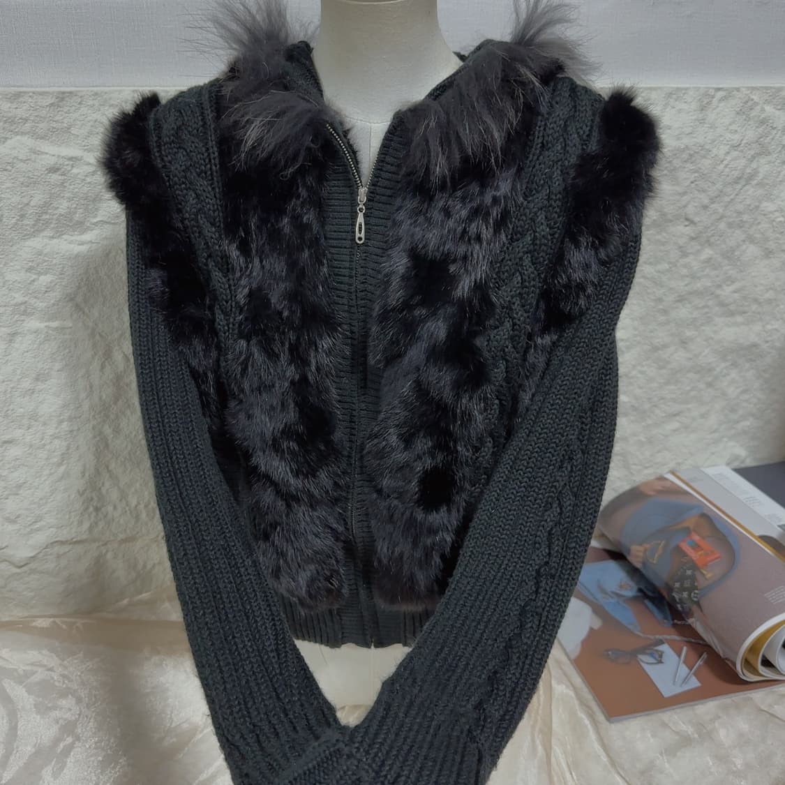 빈티지 먹색 여우털 후드 토끼털 꽈배기 니트자켓 후드집업 상품이미지2