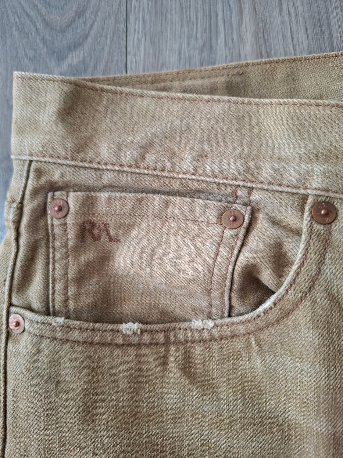 32×32 더블알엘 파이브포켓 셀비지 스트레이트핏 베이지 데님 빈티지 상품이미지2