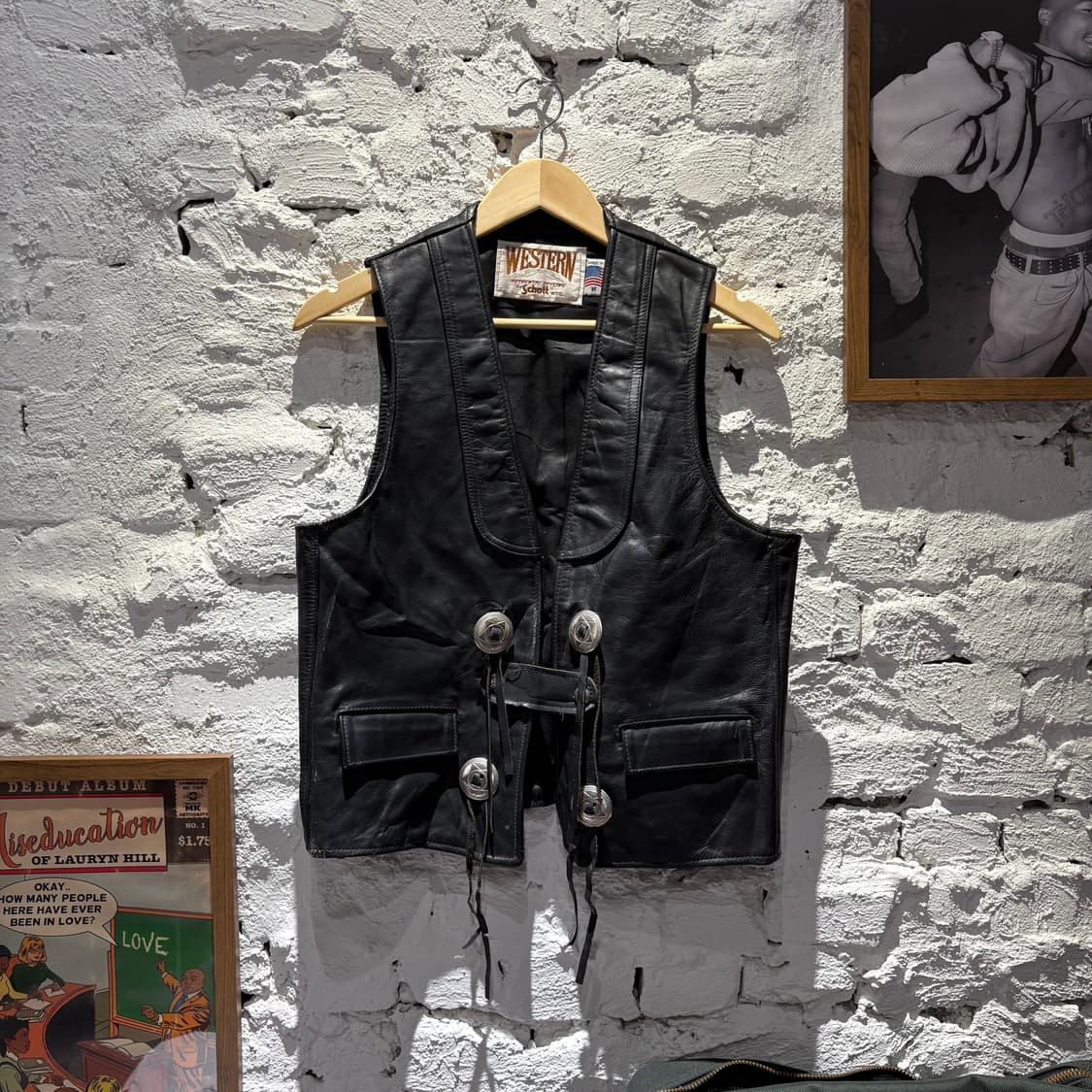 90s Schott WESTERN 쇼트 웨스턴 레더 가죽 베스트 상품이미지1