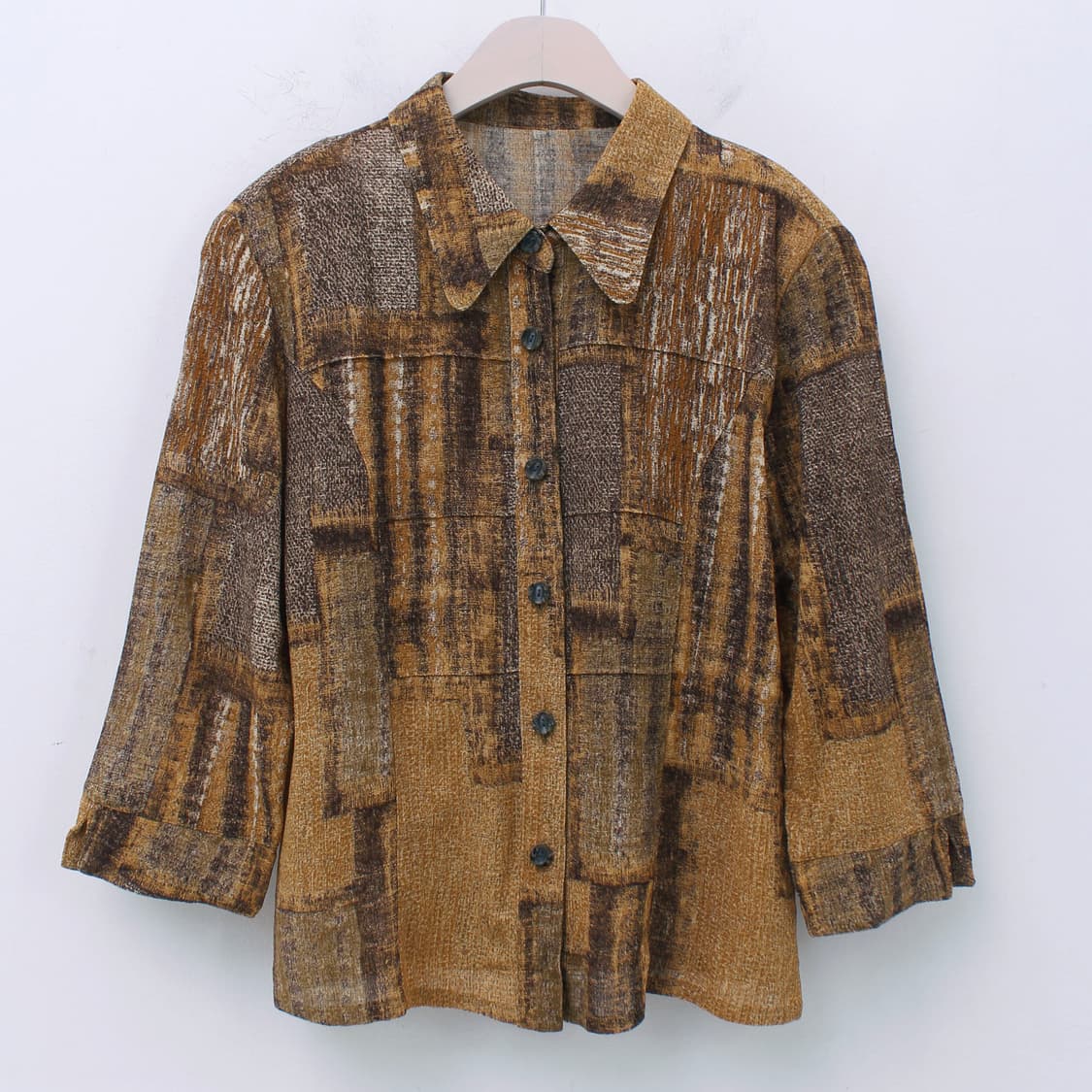 일본 수입 빈티지 옐로우 패턴 핀턱 블라우스 상품이미지1