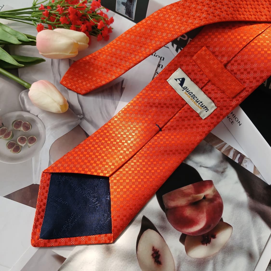 아쿠아스큐텀 실크 오렌지 자카드 패턴 넥타이 9.5cm A+등급 E865 상품이미지4