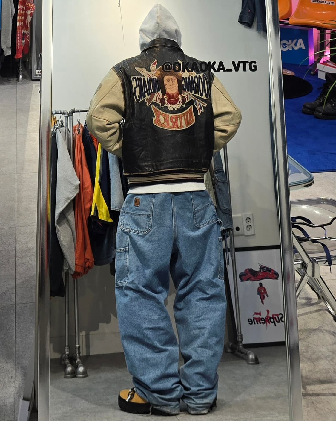 90's KR AVIREX 오랑 인디언즈 레더 바시티자켓 상품이미지6