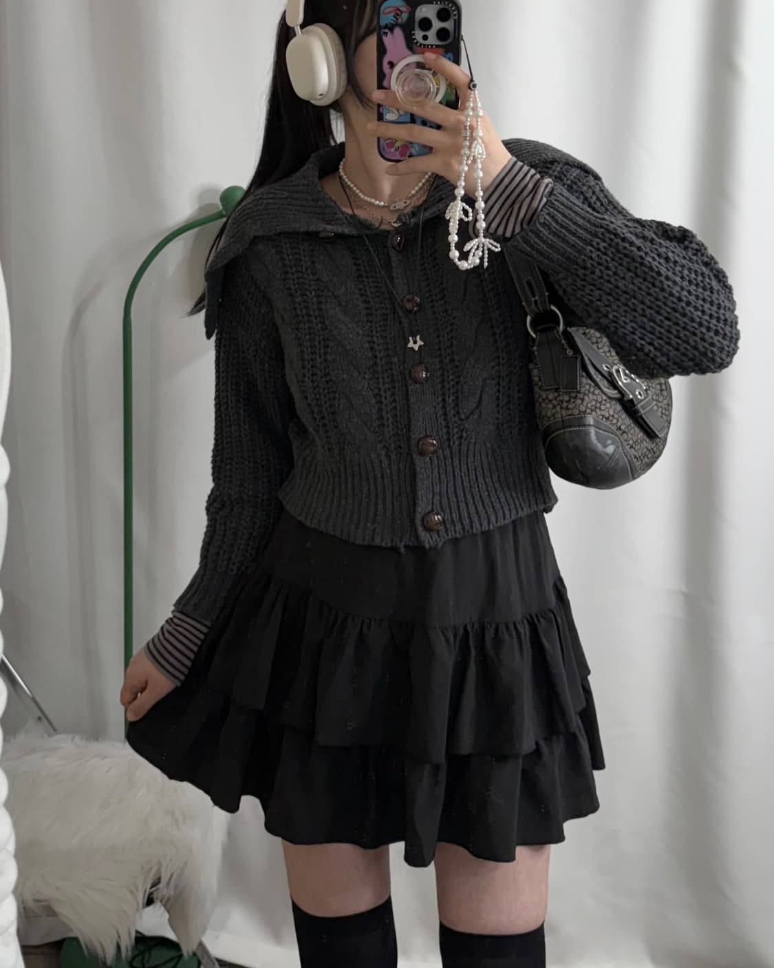 차콜 그레이 꽈배기 빅 카라 가디건 상품이미지1