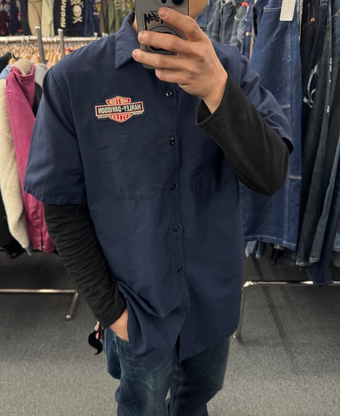 L)할리데이비슨 빈티지 패치 프린팅 네이비 반팔셔츠 상품이미지1