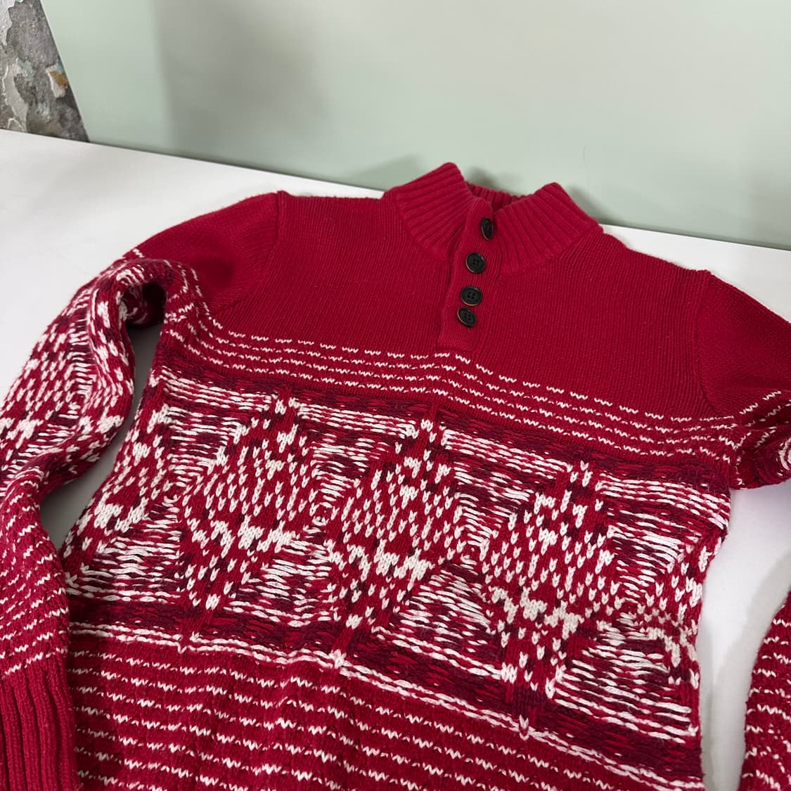 우먼M 타미힐피거 레드 자카드 버튼 반폴라니트 상품이미지3