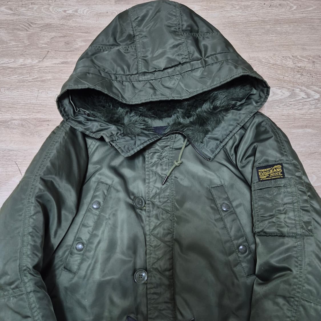 에비수 덕다운 사이드 박스로고 후드 야상 롱패딩 점퍼 S(90) 상품이미지2