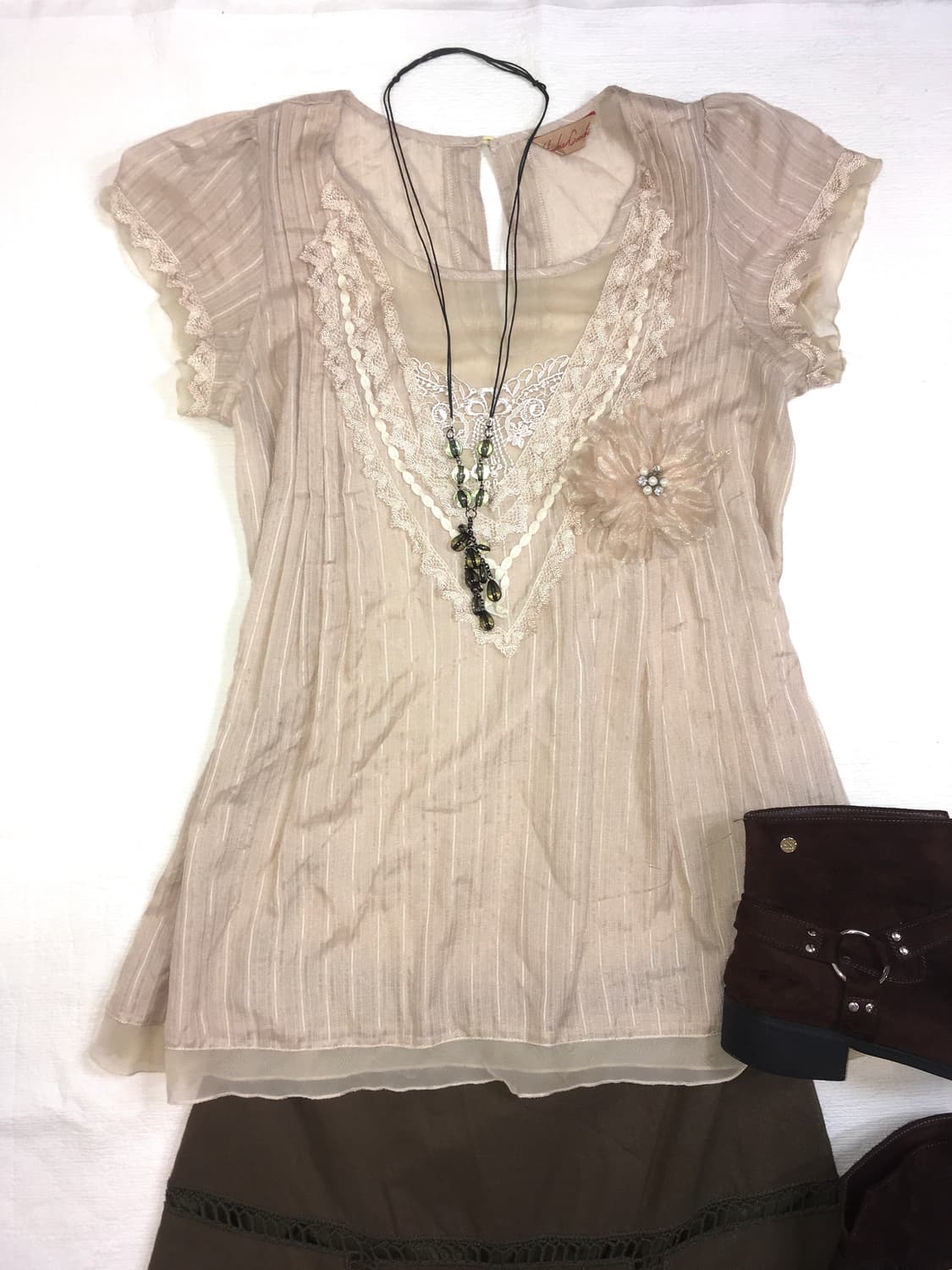 Set)Beige flower chiffon blouse + brooch 상품이미지7