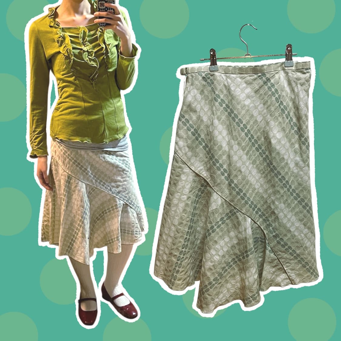 빈티지 도트 패턴 러플 미디스커트 상품이미지1