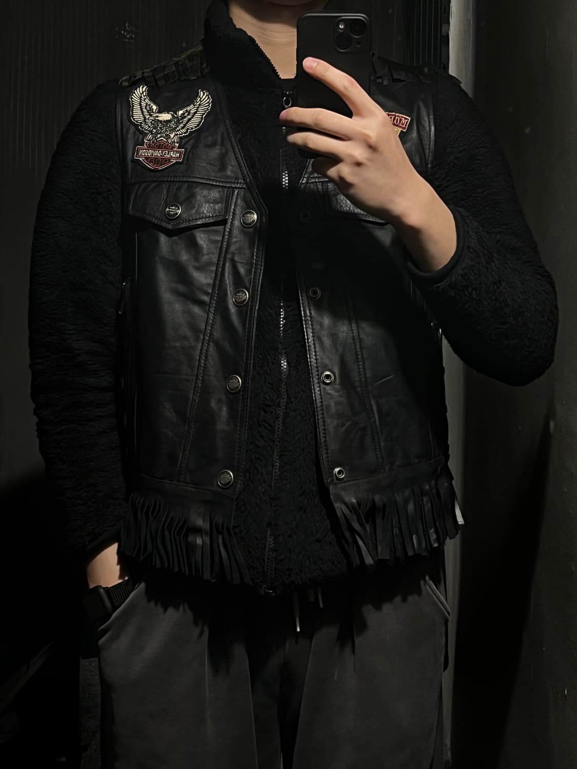 빈티지 블랙 할리데이비슨 멀티패치 소가죽 카우레더 라이더자켓 레더조끼 상품이미지1