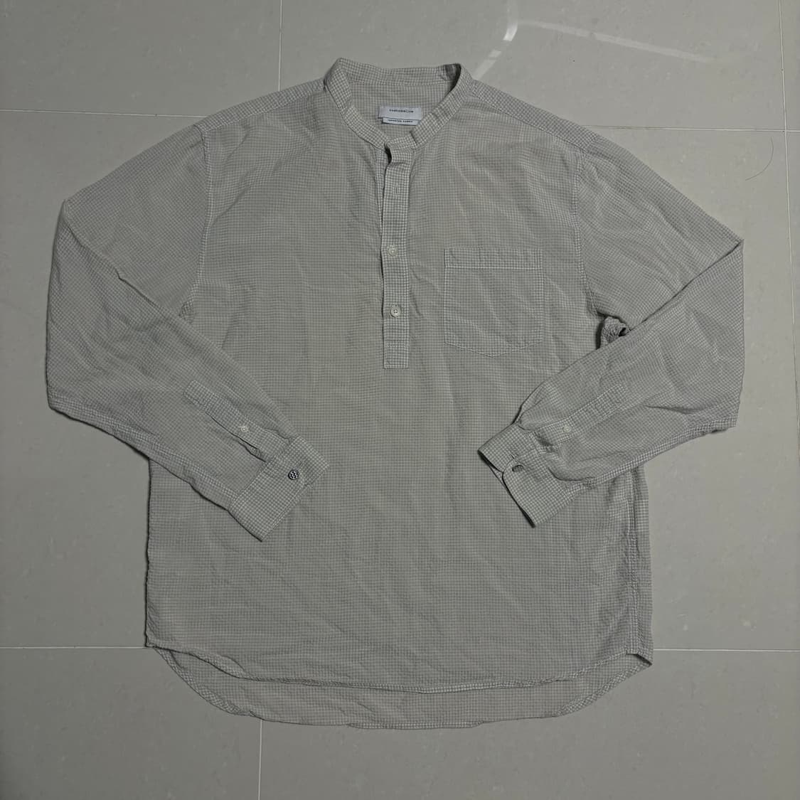 정품 커스텀멜로우 시어서커 헨리넥 베이지 체크 셔츠 상품이미지2