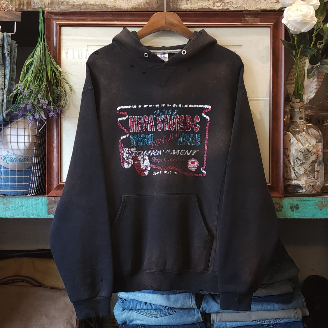 90s 러셀 후드 빈티지 스웻셔츠 썬페이딩 블랙 M 상품이미지2