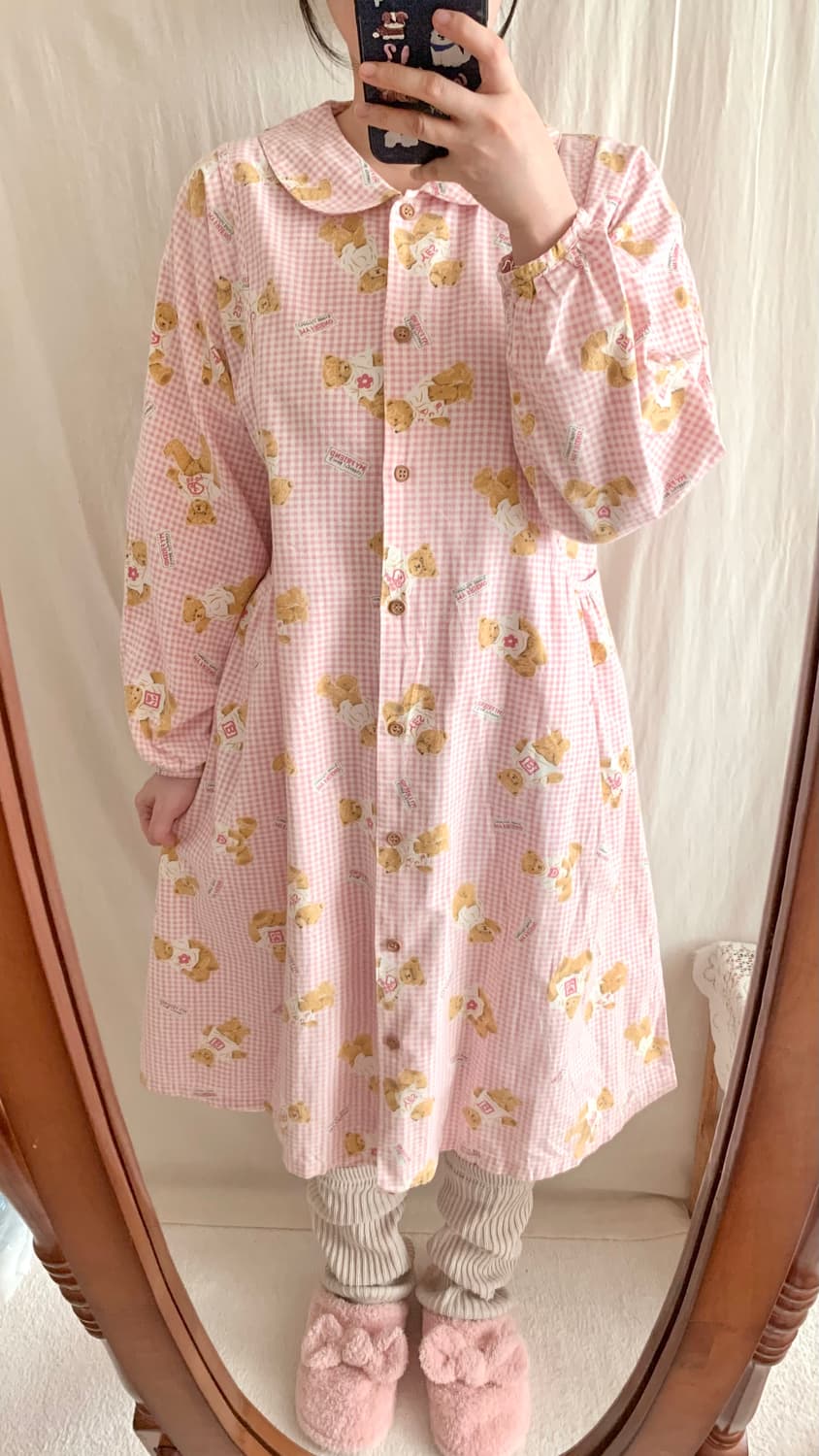 빈티지 핑크 체크 곰돌이 파자마 상품이미지2