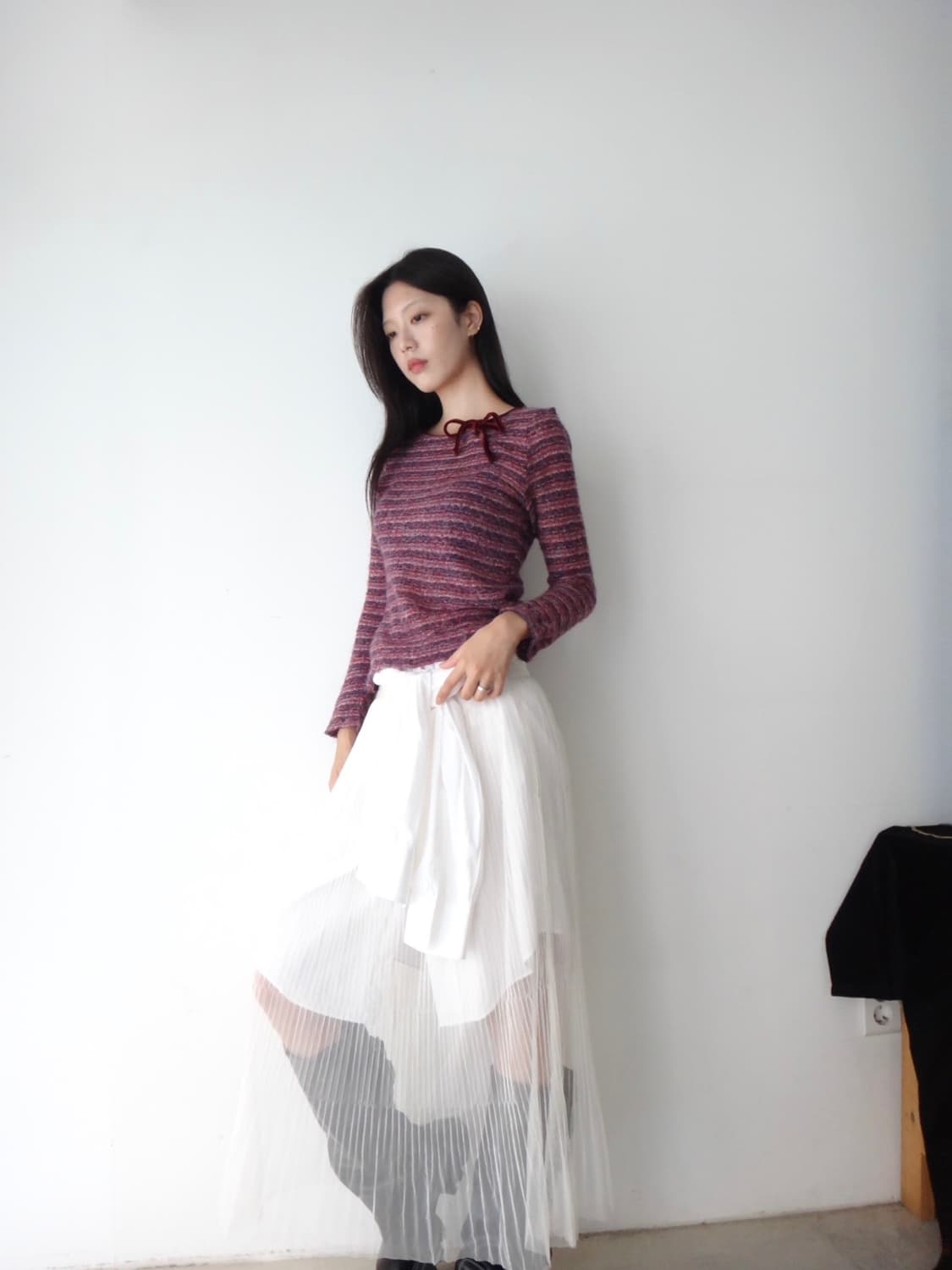 Boucle neck ribbon knit / purple 상품이미지1