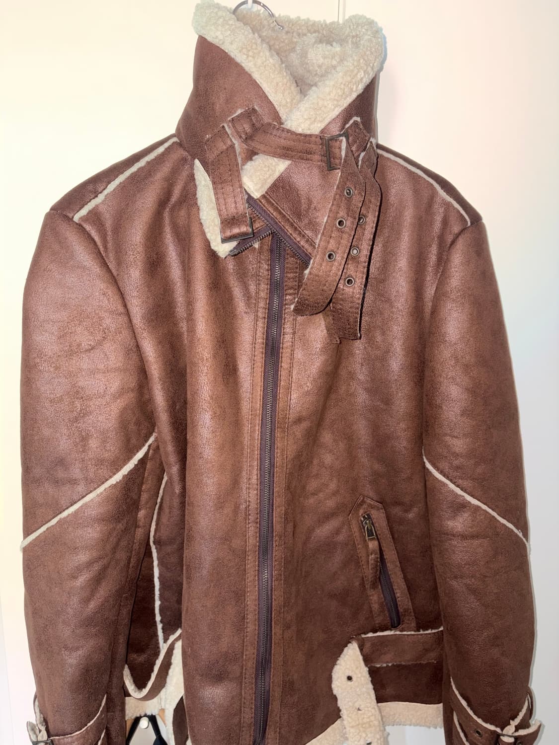 빈티지 하이넥 무스탕 가죽 자켓 재킷 브라운 라떼 상품이미지1