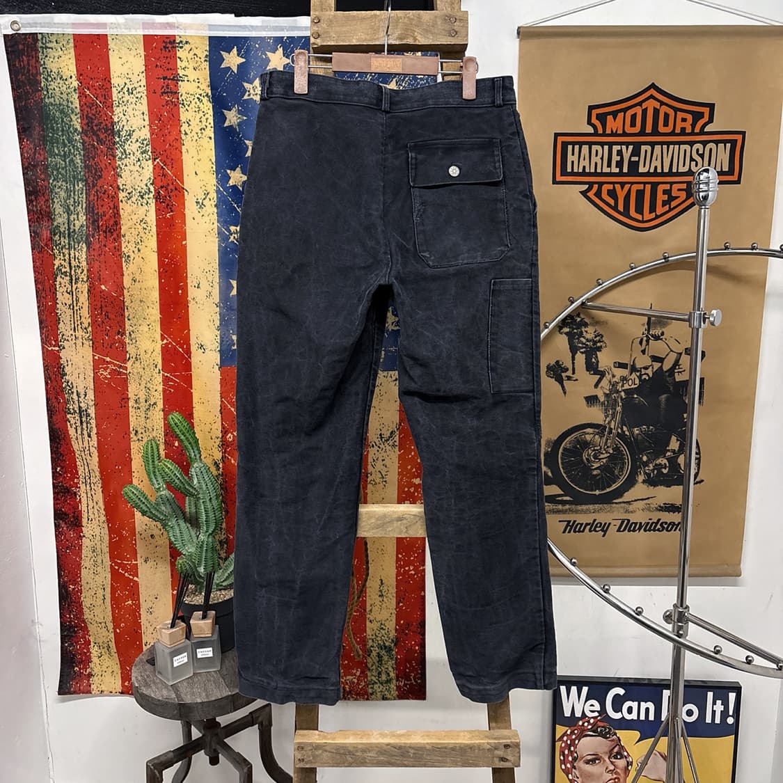 70s 오리지널 헤비 몰스킨 프렌치 워크팬츠 빈티지워싱 블랙 N681 상품이미지2