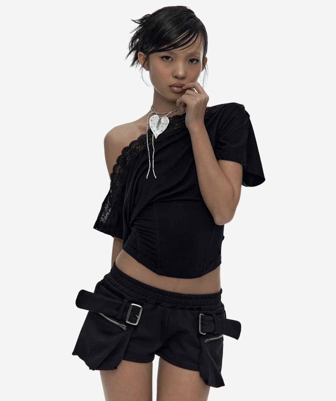 카시코 Lace One Shoulder Corset Tee Black-M 상품이미지1