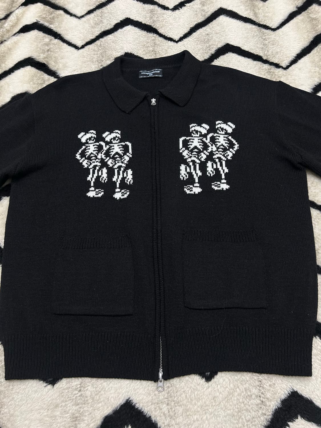 [L]나이스고스트클럽 스킬레톤 오버핏 니트집업/블랙 상품이미지3