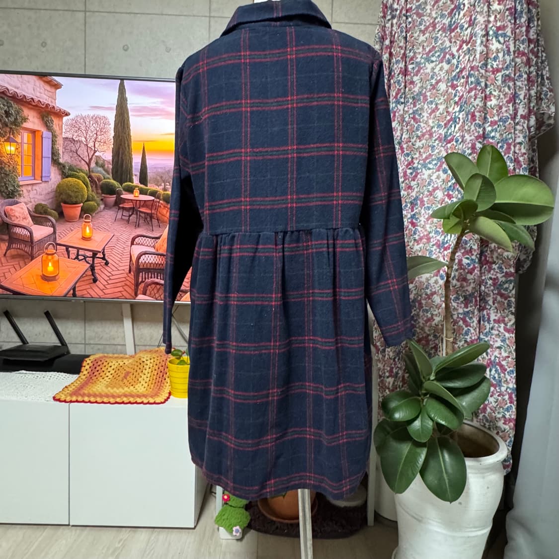 네이비 레드체크 카라 긴팔 모직 원피스 빈티지스타일 상품이미지2