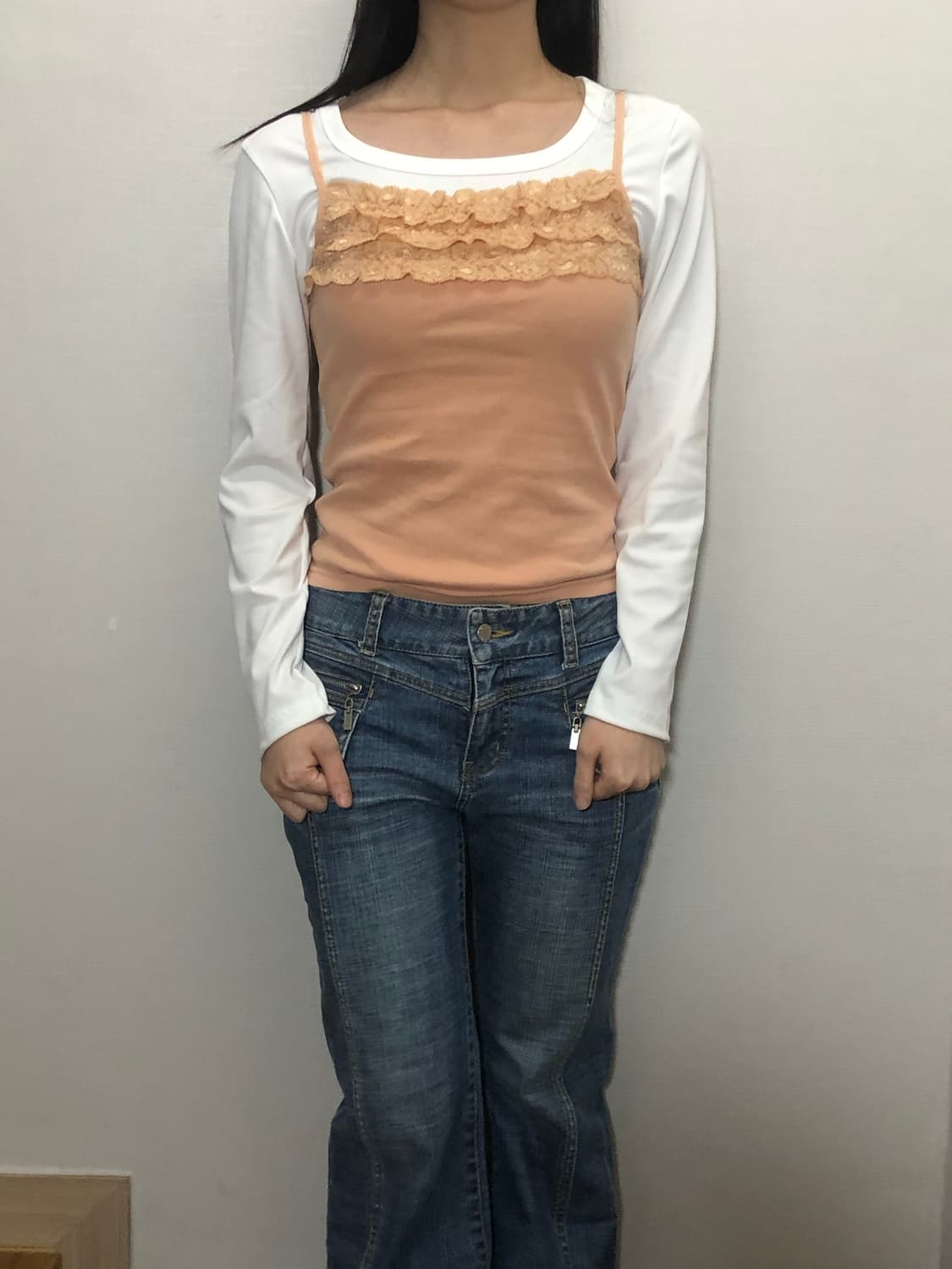 빈티지 피치 프릴 슬리브리스 상품이미지2