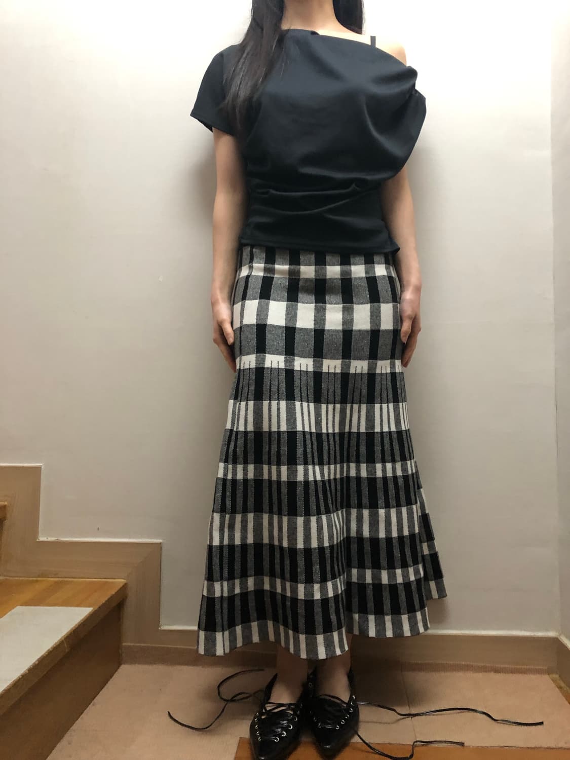 빈티지 블랙앤화이트 체크 롱 니트 스커트 상품이미지2