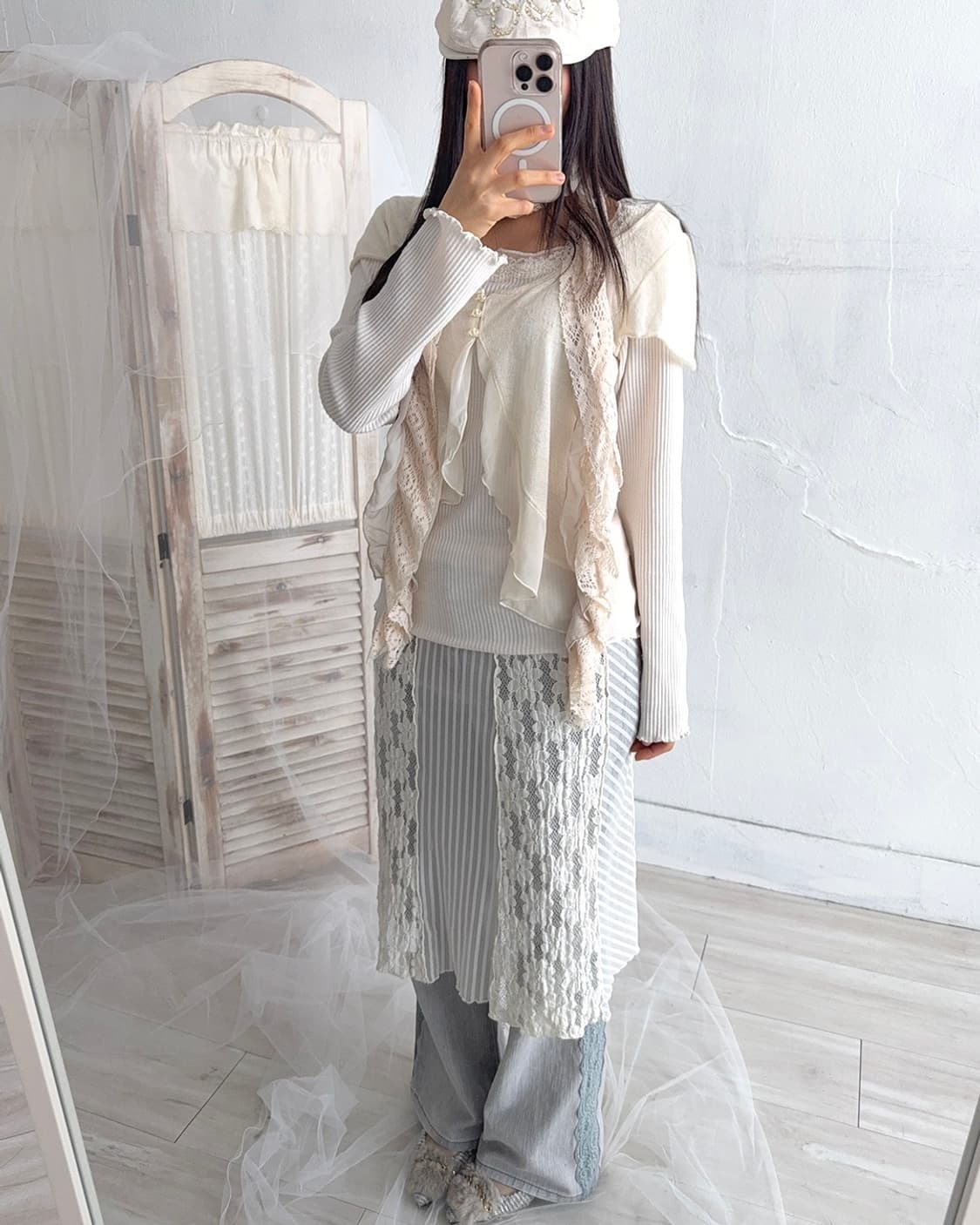 Light Beige Fairy Crochet Shirred Scarf 상품이미지7