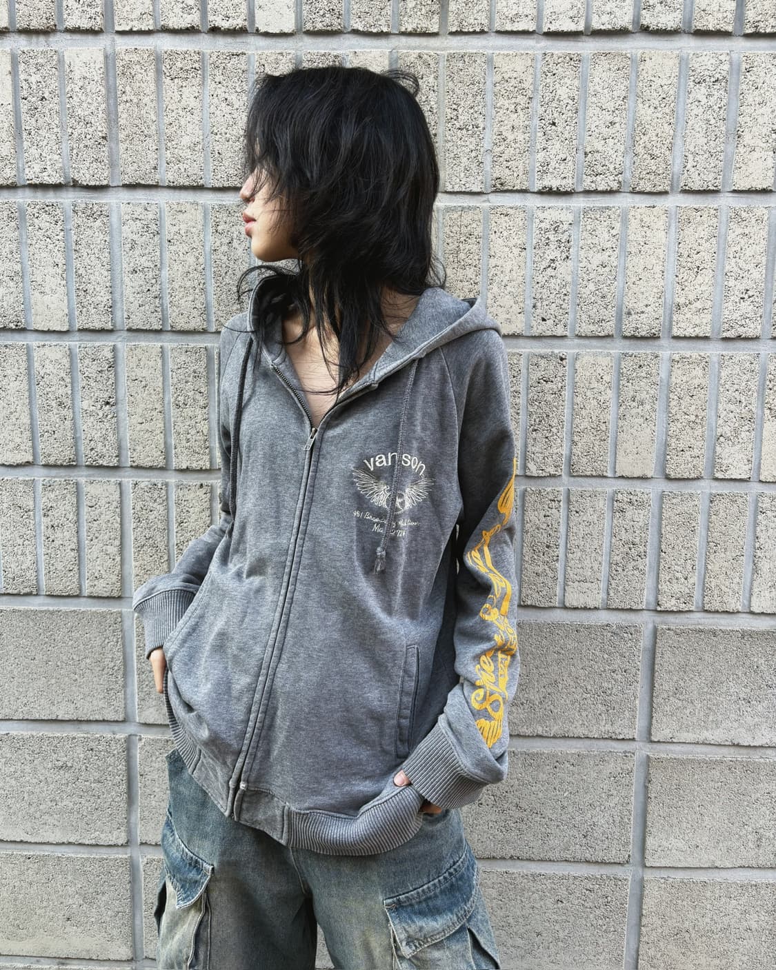 밴슨 그레이 자수&프린팅 후드집업 상품이미지4