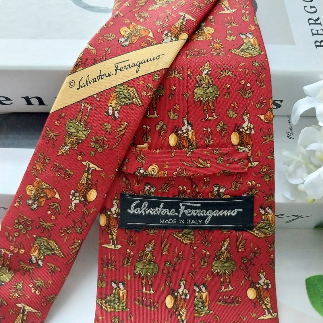 페라가모 실크 레드 오리엔탈 모티브 넥타이 9.6cm A+등급 K1479 상품이미지5