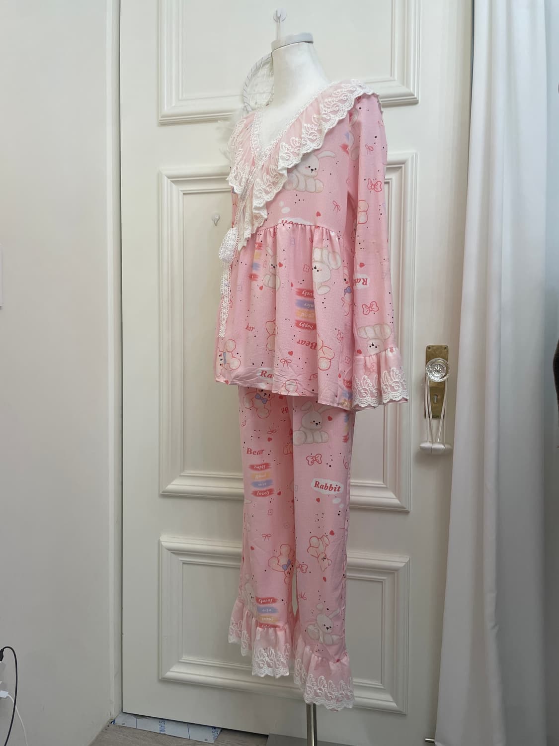 pink lace point bear print pajama set 상품이미지2