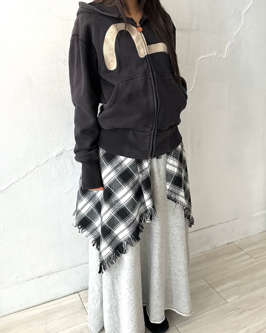 Check layered skirt+gray long skirt set 상품이미지6